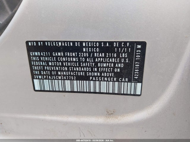 2012 Volkswagen Jetta 2.5l Sel მანქანა იყიდება აუქციონზე, vin: 3VWLP7AJ5CM347752, აუქციონის ნომერი: 44702419