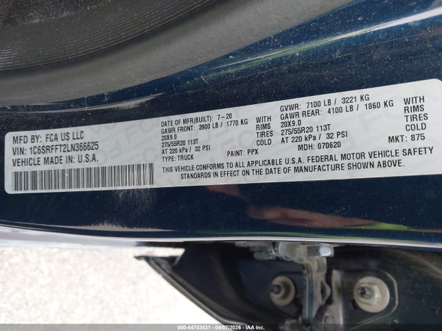 Продаж на аукціоні авто 2020 Ram 1500 Big Horn  4x4 5'7 Box, vin: 1C6SRFFT2LN366625, номер лоту: 44702431