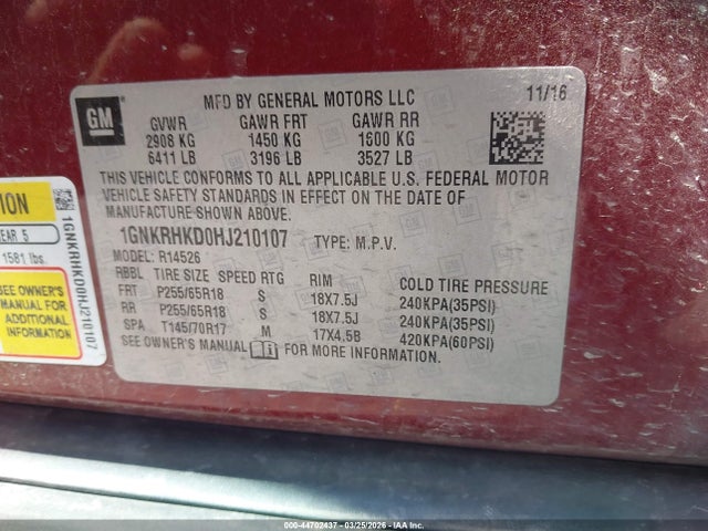 Продаж на аукціоні авто 2017 Chevrolet Traverse 2lt, vin: 1GNKRHKD0HJ210107, номер лоту: 44702437