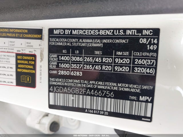 Продаж на аукціоні авто 2015 Mercedes-benz Ml 400 4matic, vin: 4JGDA5GB2FA466756, номер лоту: 44702444