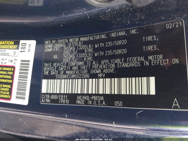 44702452 :رقم المزاد ، 5TDDRKEC8MS023986 vin ، 2021 Toyota Sienna Xse مزاد بيع