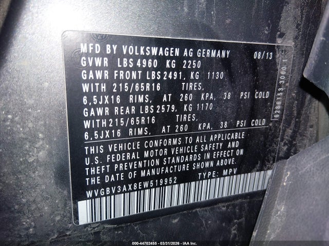 Aukcja sprzedaży 2014 Volkswagen Tiguan S, vin: WVGBV3AX8EW519952, numer aukcji: 44702455