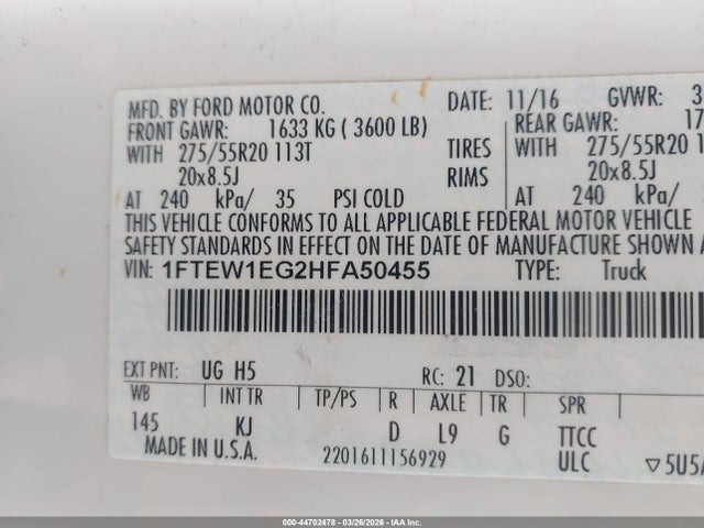 Продаж на аукціоні авто 2017 Ford F-150 King Ranch, vin: 1FTEW1EG2HFA50455, номер лоту: 44702478