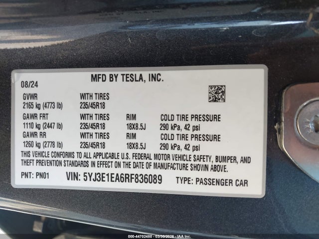 Продажа на аукционе авто 2024 Tesla Model 3 Long Range Dual Motor All-wheel Drive/rear-wheel Drive, vin: 5YJ3E1EA6RF836089, номер лота: 44702480