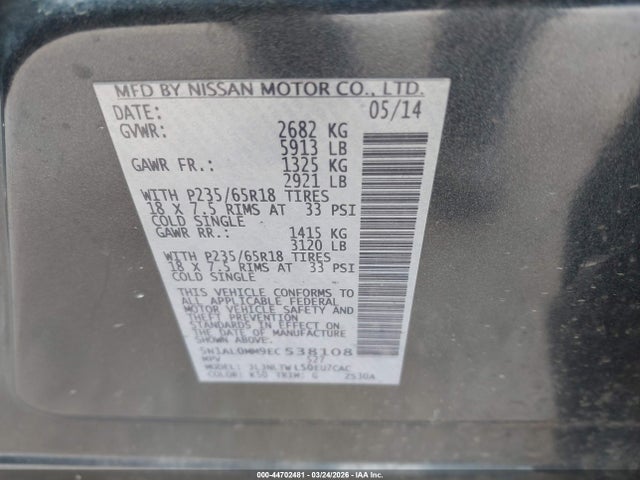 Aukcja sprzedaży 2014 Infiniti Qx60, vin: 5N1AL0MM9EC538108, numer aukcji: 44702481
