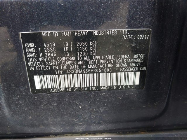Auction sale of the 2017 Subaru Legacy 2.5i Limited, vin: 4S3BNAN66H3051803, lot number: 44702493