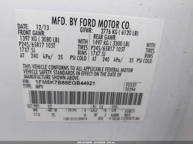 44702498 :رقم المزاد ، 1FM5K7B88EGB44921 vin ، 2014 Ford Explorer مزاد بيع