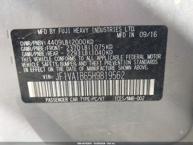 2017 Subaru Wrx მანქანა იყიდება აუქციონზე, vin: JF1VA1B65H9819562, აუქციონის ნომერი: 44702501