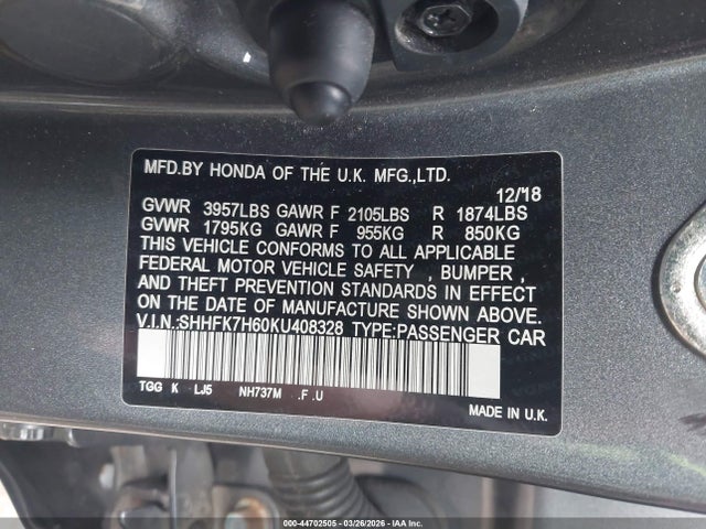 Honda CIVIC EX 2019 SHHFK7H60KU408328 Image 9