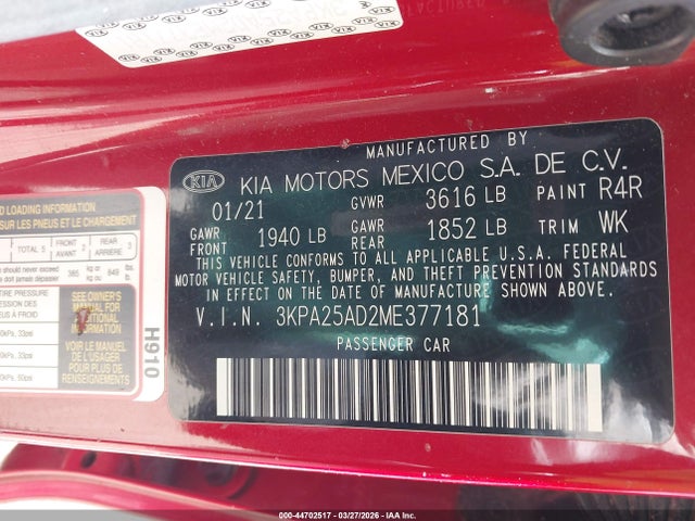 Aukcja sprzedaży 2021 Kia Rio 5-door S, vin: 3KPA25AD2ME377181, numer aukcji: 44702517