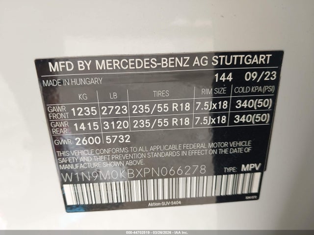 44702519 :رقم المزاد ، W1N9M0KBXPN066278 vin ، 2023 Mercedes-benz Eqb 300 Suv 4matic مزاد بيع
