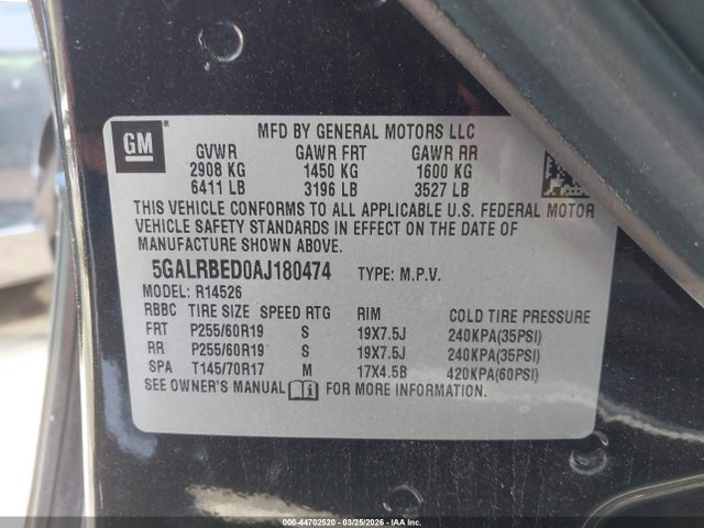 Aukcja sprzedaży 2010 Buick Enclave 1xl, vin: 5GALRBED0AJ180474, numer aukcji: 44702520
