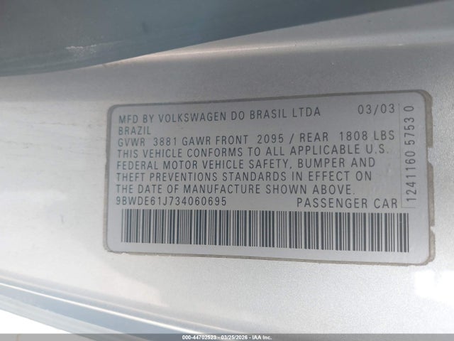 44702523 :رقم المزاد ، 9BWDE61J734060695 vin ، 2003 Volkswagen Gti 1.8t مزاد بيع