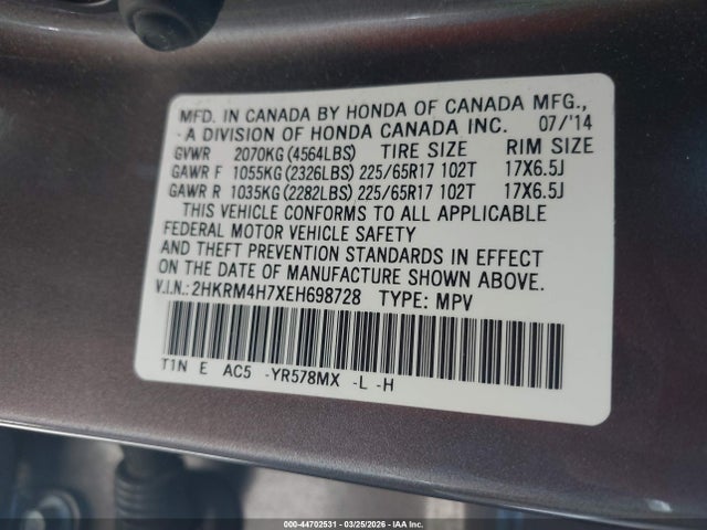 2HKRM4H7XEH698728 Honda Cr-v Ex-l