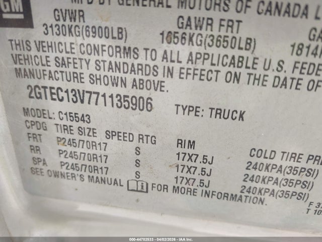 44702533 :رقم المزاد ، 2GTEC13V771135906 vin ، 2007 Gmc Sierra 1500 Classic Sl مزاد بيع