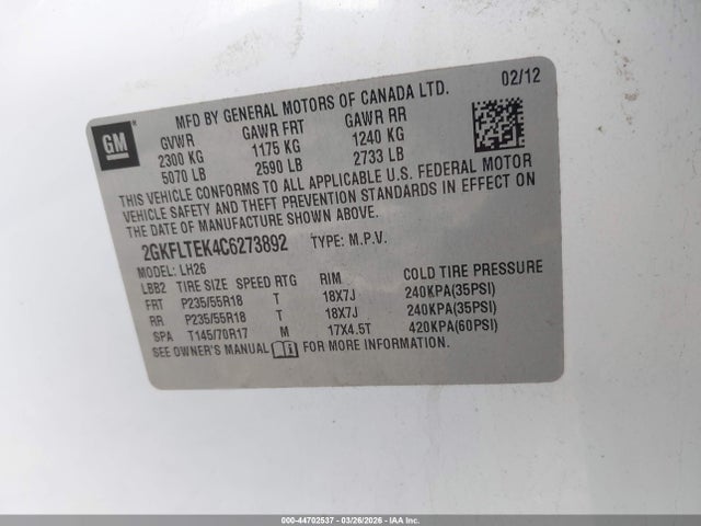 Aukcja sprzedaży 2012 Gmc Terrain Sle-2, vin: 2GKFLTEK4C6273892, numer aukcji: 44702537