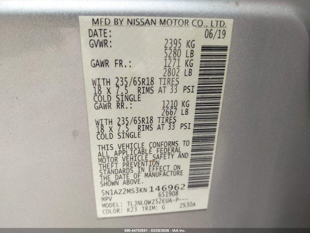 Продаж на аукціоні авто 2019 Nissan Murano Sv, vin: 5N1AZ2MS3KN146962, номер лоту: 44702551