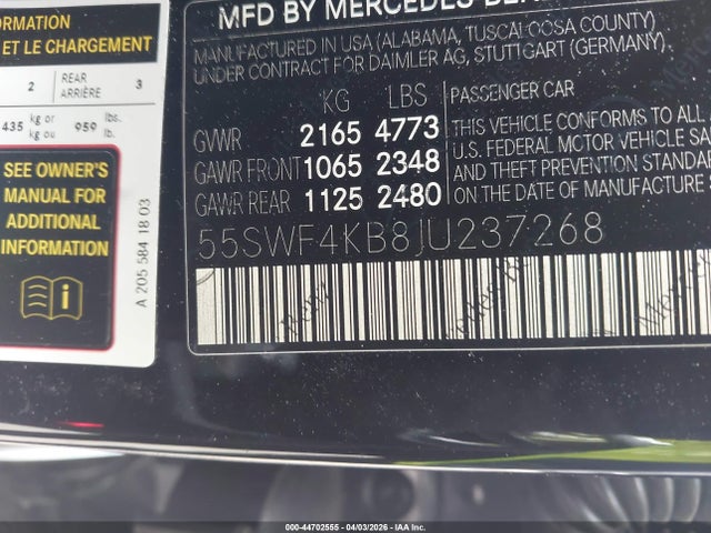 Aukcja sprzedaży 2018 Mercedes-benz C 300 4matic, vin: 55SWF4KB8JU237268, numer aukcji: 44702555