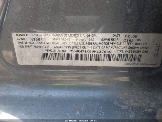 Продаж на аукціоні авто 2009 Volkswagen Jetta Se, vin: 3VWRM71K59M137639, номер лоту: 44702557