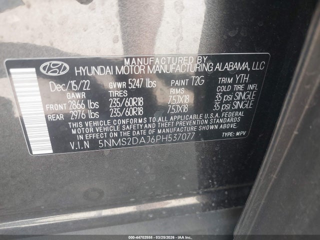 Aukcja sprzedaży 2023 Hyundai Santa Fe Sel, vin: 5NMS2DAJ6PH537077, numer aukcji: 44702558