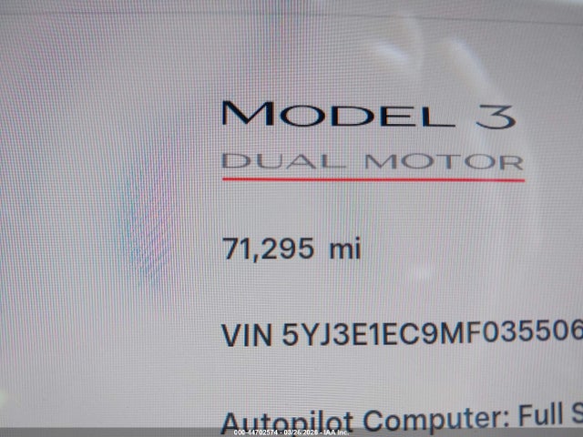 44702574 :رقم المزاد ، 5YJ3E1EC9MF035506 vin ، 2021 Tesla Model 3 Performance Dual Motor All-wheel Drive مزاد بيع