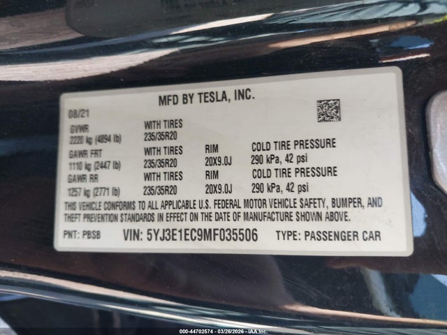 44702574 :رقم المزاد ، 5YJ3E1EC9MF035506 vin ، 2021 Tesla Model 3 Performance Dual Motor All-wheel Drive مزاد بيع