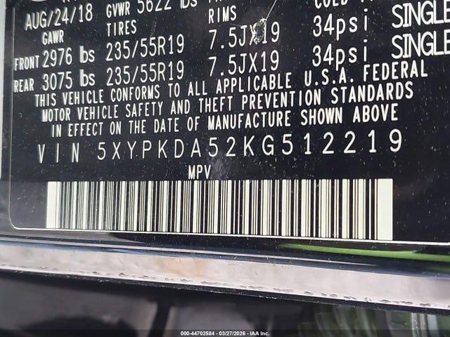 Продажа на аукционе авто 2019 Kia Sorento 3.3l Sx, vin: 5XYPKDA52KG512219, номер лота: 44702584