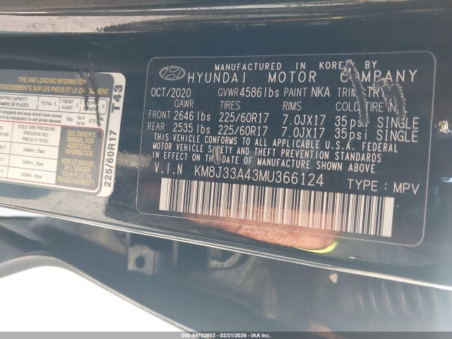 Продаж на аукціоні авто 2021 Hyundai Tucson Value, vin: KM8J33A43MU366124, номер лоту: 44702602