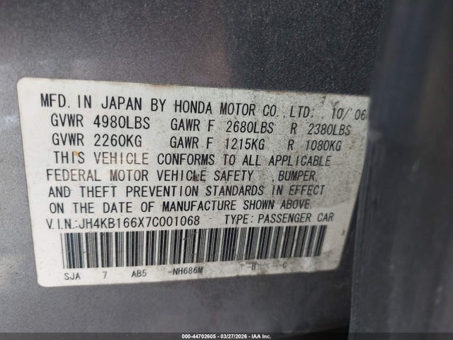 2007 Acura Rl 3.5 მანქანა იყიდება აუქციონზე, vin: JH4KB166X7C001068, აუქციონის ნომერი: 44702605