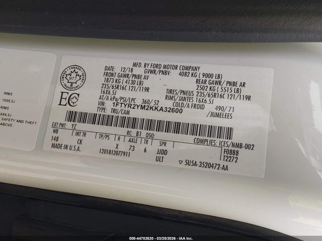 Aukcja sprzedaży 2019 Ford Transit-250, vin: 1FTYR2YM2KKA32600, numer aukcji: 44702620