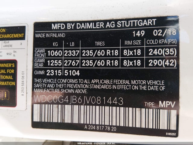 Aukcja sprzedaży 2018 Mercedes-benz Glc 300, vin: WDC0G4JB6JV081443, numer aukcji: 44702628