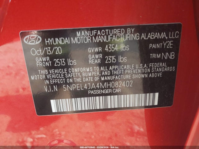 44702640 :رقم المزاد ، 5NPEL4JA4MH082402 vin ، 2021 Hyundai Sonata Sel مزاد بيع