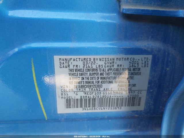 44702641 :رقم المزاد ، 3N1AB8CV6NY253893 vin ، 2022 Nissan Sentra Sv Xtronic Cvt مزاد بيع