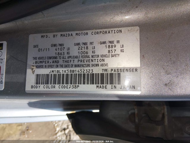 Aukcja sprzedaży 2011 Mazda Mazda3 S Sport, vin: JM1BL1K58B1452323, numer aukcji: 44702643