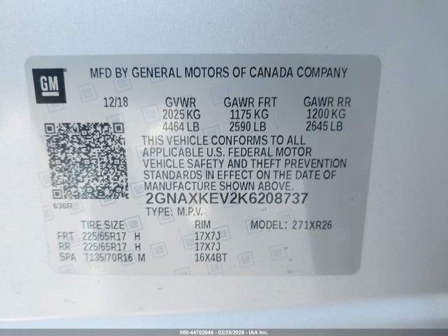 Продаж на аукціоні авто 2019 Chevrolet Equinox Lt, vin: 2GNAXKEV2K6208737, номер лоту: 44702646