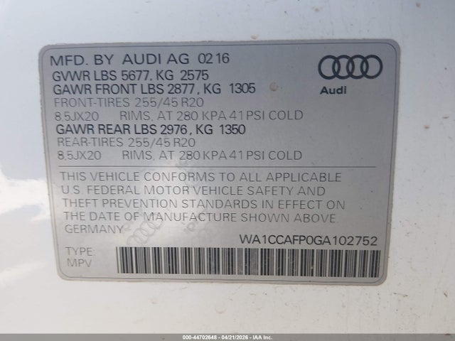 Продажа на аукционе авто 2016 Audi Sq5 3.0t Premium Plus, vin: WA1CCAFP0GA102752, номер лота: 44702648