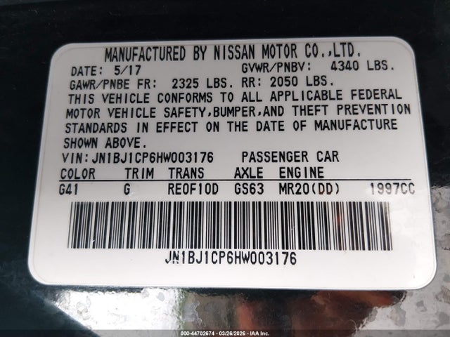 Aukcja sprzedaży 2017 Nissan Rogue Sport Sv, vin: JN1BJ1CP6HW003176, numer aukcji: 44702674
