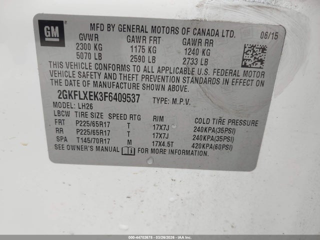 Продаж на аукціоні авто 2015 Gmc Terrain Slt-1, vin: 2GKFLXEK3F6409537, номер лоту: 44702678