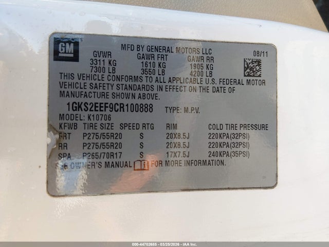 Aukcja sprzedaży 2012 Gmc Yukon Denali, vin: 1GKS2EEF9CR100888, numer aukcji: 44702685