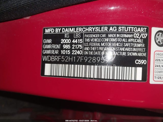 2007 Mercedes-benz C 230 Sport მანქანა იყიდება აუქციონზე, vin: WDBRF52H17F928959, აუქციონის ნომერი: 44702702