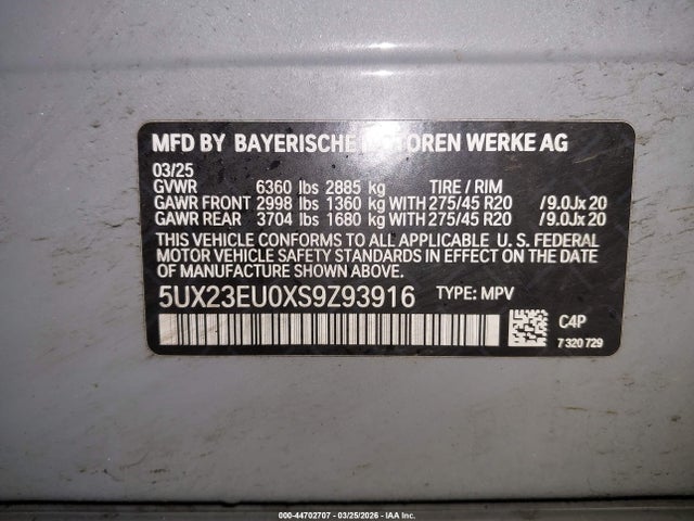2025 Bmw X5 Xdrive40i მანქანა იყიდება აუქციონზე, vin: 5UX23EU0XS9Z93916, აუქციონის ნომერი: 44702707