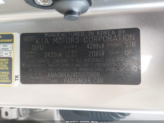 44702713 :رقم المزاد ، KNAGM4A74D5373909 vin ، 2013 Kia Optima Lx مزاد بيع
