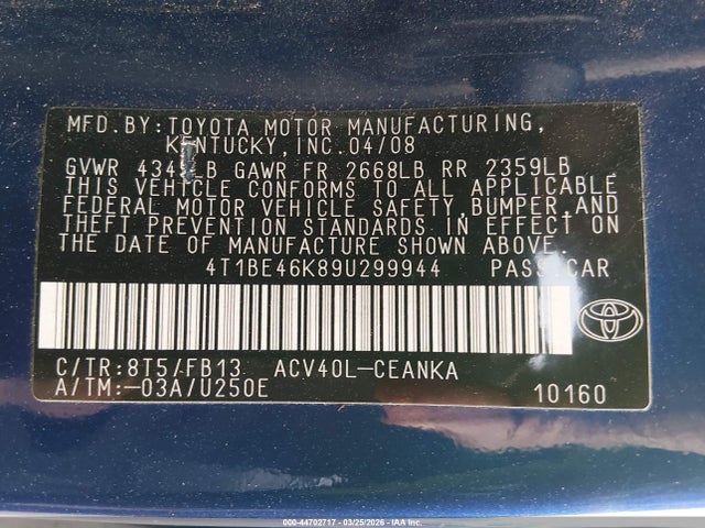 44702717 :رقم المزاد ، 4T1BE46K89U299944 vin ، 2009 Toyota Camry Le مزاد بيع