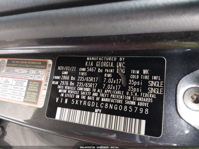 44702736 :رقم المزاد ، 5XYRGDLC8NG085798 vin ، 2022 Kia Sorento Lx مزاد بيع