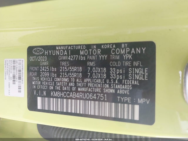 2024 Hyundai Kona Sel მანქანა იყიდება აუქციონზე, vin: KM8HCCAB4RU064751, აუქციონის ნომერი: 44702740