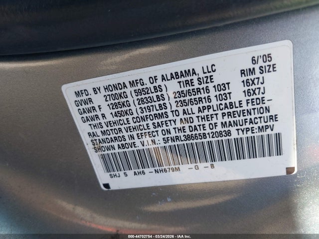 2005 HONDA ODYSSEY 5FNRL38665B120838 Photo 8