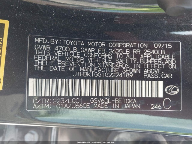 44702772 :رقم المزاد ، JTHBK1GG1G2224189 vin ، 2016 Lexus Es 350 مزاد بيع
