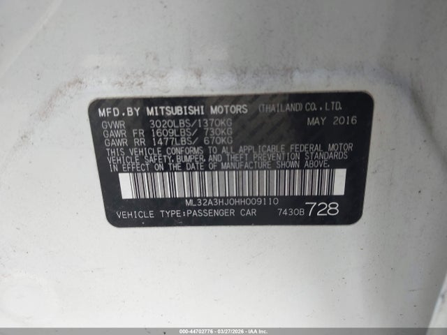 Продаж на аукціоні авто 2017 Mitsubishi Mirage Es, vin: ML32A3HJ0HH009110, номер лоту: 44702776