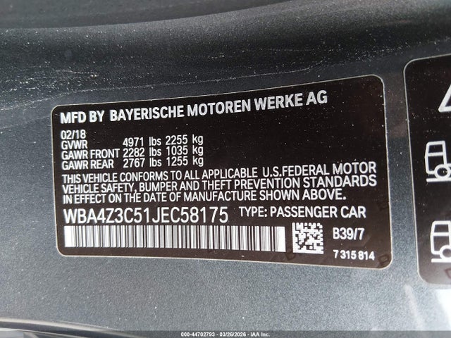 Aukcja sprzedaży 2018 Bmw 430i Xdrive, vin: WBA4Z3C51JEC58175, numer aukcji: 44702793