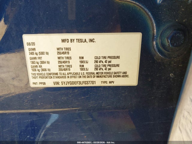 2020 TESLA MODEL Y 5YJYGDEF3LF037701 Photo 8
